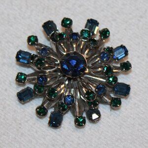 beautiful vintage round blue rhinestone brooch pin silver tone burst prong set